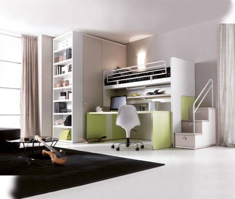 lit mezzanine avec bureau bois escalier chaise ergonomique tapis de sol noir 