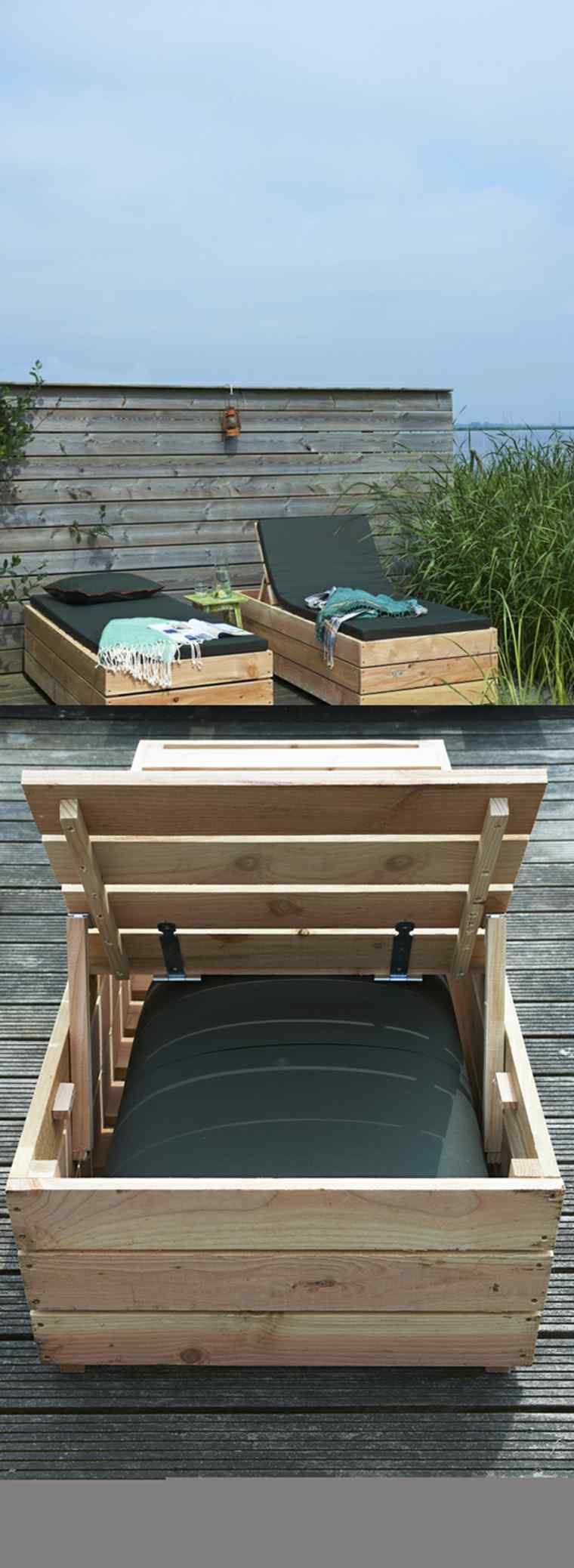 banc jardin bois idée recyclage diy mobilier palette bois banc coussins noirs