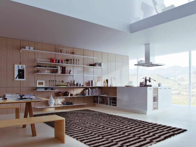 cuisine en bois moderne design ilot tapis de sol rayures noir blanc