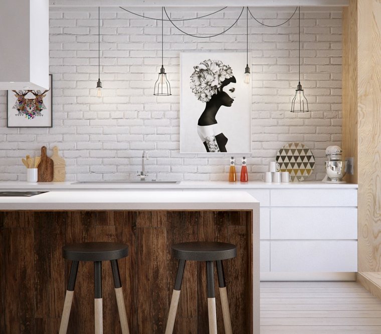 cuisine en bois moderne design mur briques blanches suspension déco