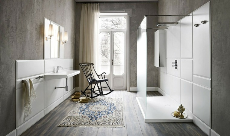 salle de bain cabine douche design idée baignoire évier miroir mur luminaire tapis de sol 