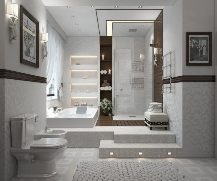 salle de bain blanc design spots lumineux idée intérieur cabine de douche déco mur tableau