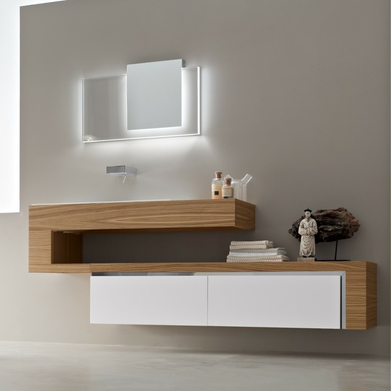 éclairage de salle de bains design miroir meuble bois idée tiroir rangement