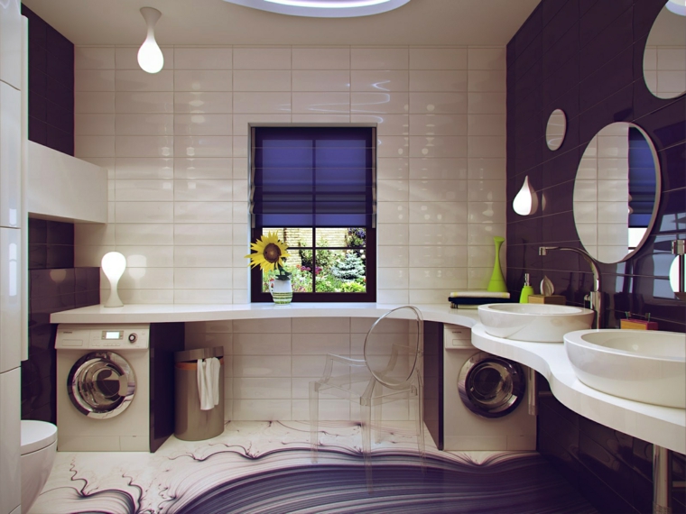 salle de bains luminaire suspension design idée évier miroir rond moderne