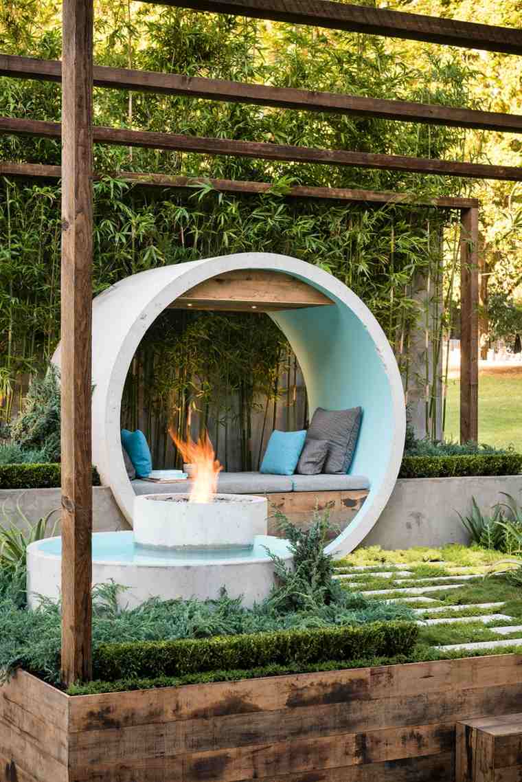 jardin zen idée espace extérieur design aménagement coussin feu extérieur idée 