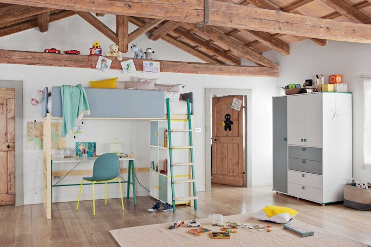 lit mezzanine bois design chambre intérieur chambre enfant design idée déco chaise tapis de sol 
