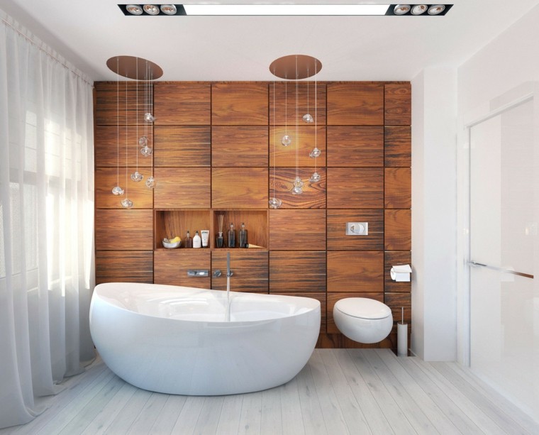 éclairage de salle de bain idée baignoire design bois moderne toilettes