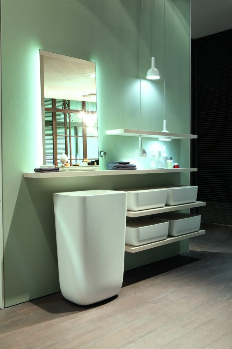 éclairage salle de bain luminaire suspension design idée évier miroir