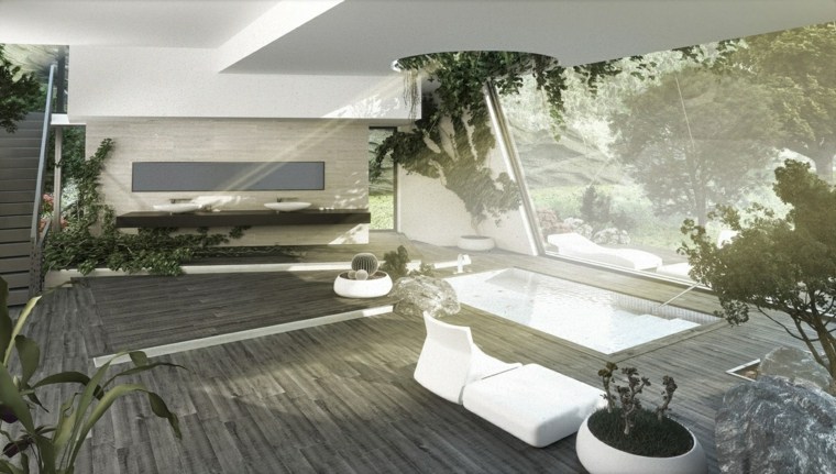 éclairage salle de bain naturelle design baignoire idée fauteuil blanc pouf parquet gris déco plantes 