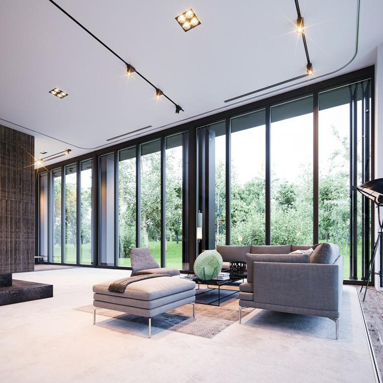 intérieur salon moderne design canapé gris pouf grise design éclairage plafond idée double aye