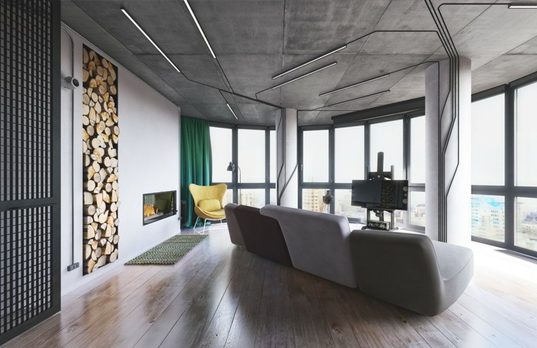 intérieur design moderne canapé fauteuil jaune coussin bois parquet déco rideaux verts 