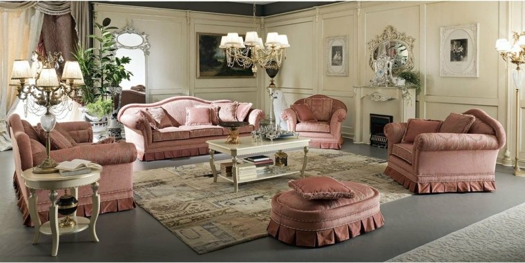 intérieur style baroque idée design fauteuil canapé rose pouf tapis sol 