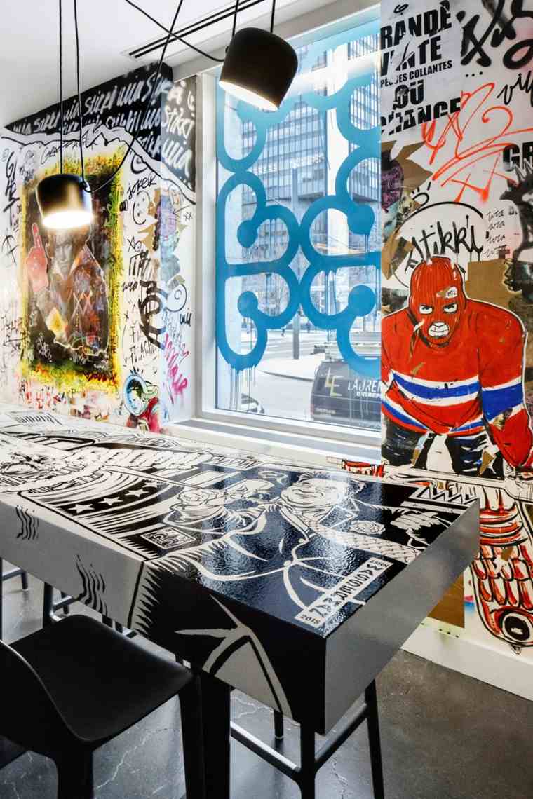 intérieur contemporain design table graffiti illustrations design luminaire suspension industriel hôtel w montréal patricia brochu massivart sid lee architecture contemporist bpc
