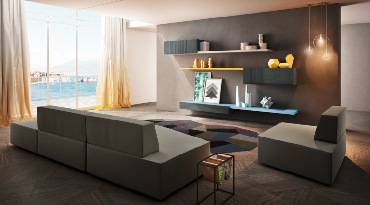 canapés modulables salon design canapé moderne futuriste design scandinave tapis de sol étagères bois luminaires suspension