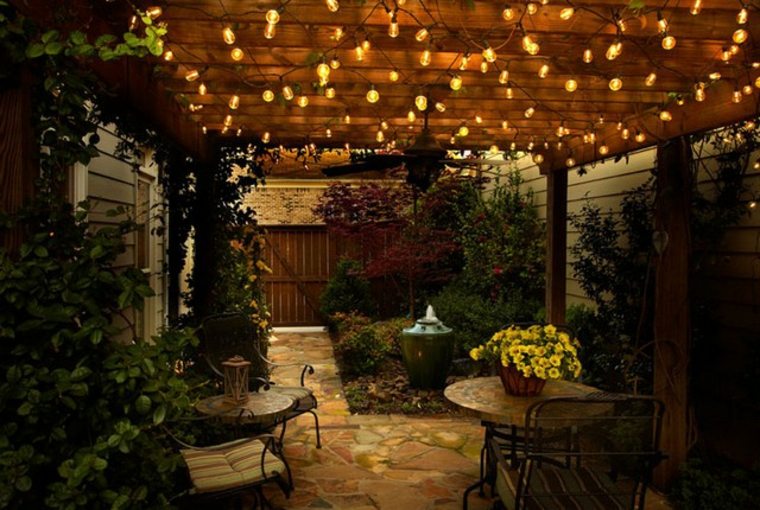 éclairage extérieur terrasse jardin plafond idée guirlandes boules lumineuses 