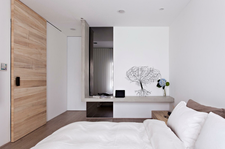 intérieurs modernes maison moderne chambre à coucher aménagement idée porte coulissante bois lit déco mur