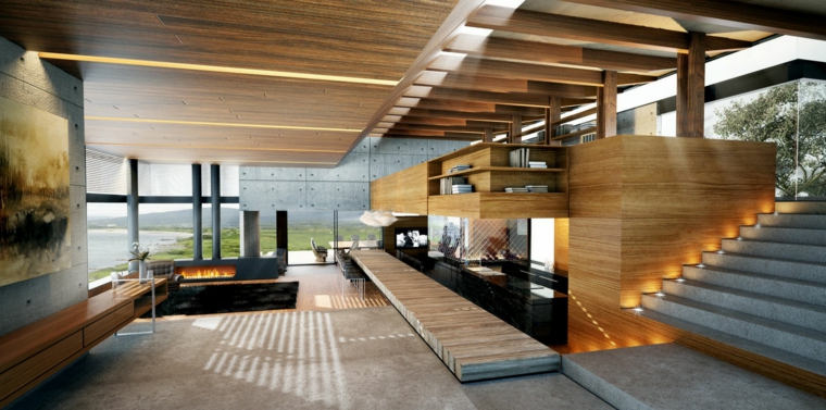 salon moderne intérieur aménagement idée escalier béton design cheminée 