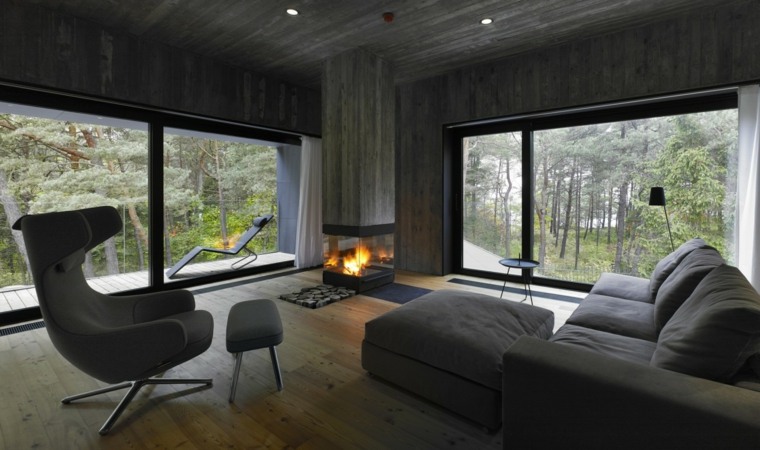 intérieurs modernes bois design idée aménagement fauteuil gris design