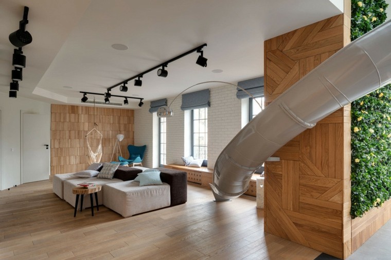 appartement design moderne pouf aménagement idée parquet en bois luminaires plafond mobilier bois