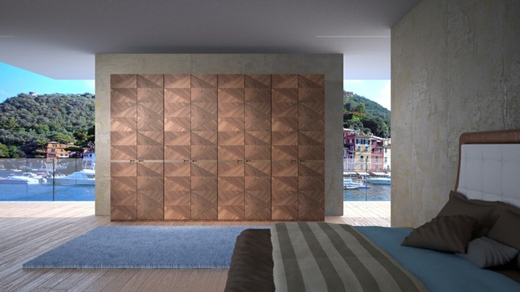 design d'intérieur chambre à coucher idée armoire bois design moderne tapis de sol bleu