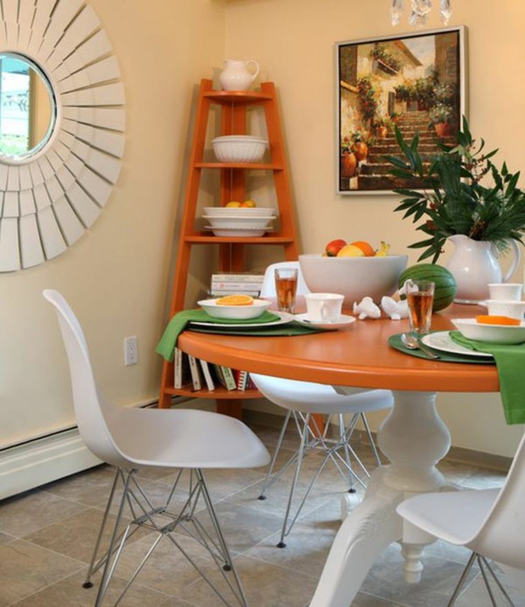 étagère angle bois design idée salle à manger aménagement table chaises déco mur tableau miroir