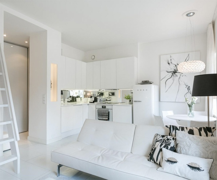 loft moderne design intérieur canapé blanc coussins cuisine blanche
