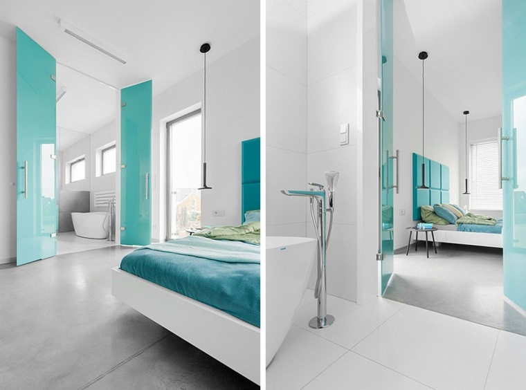 harmonie bleu blanc tendance idée luminaire suspension chambre à coucher baignoire