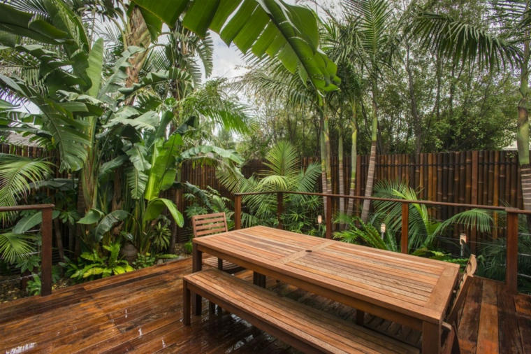 cloture jardin exotique bois banc en bois design parquet moderne plante