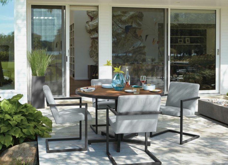 table extérieure ronde bois design moderne salon jardin mobilier extérieur moderne chaise fauteuil 