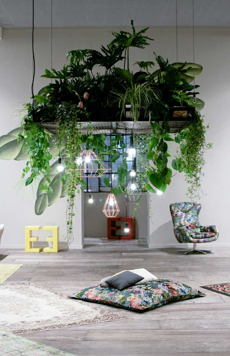 déco intérieur plante pot de fleurs intérieur suspension moderne coussins parquet bois fauteuil