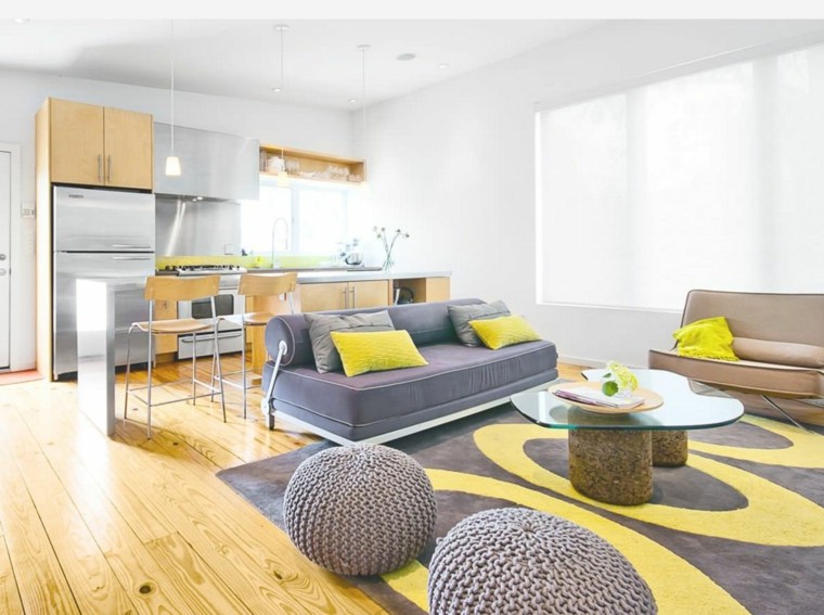 salon moderne gris meubles jaunes