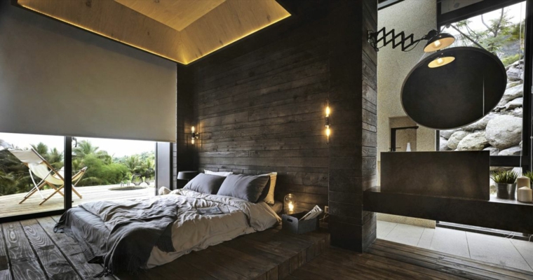 chambre à coucher design intérieur mur bois salle de bains parquet bois