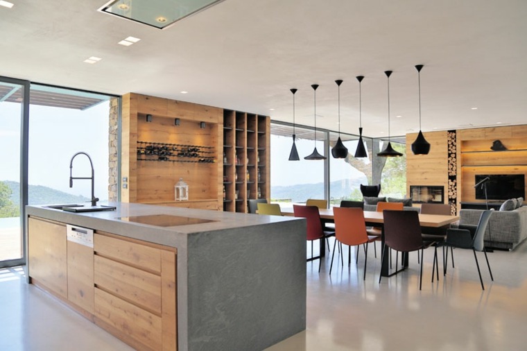 cuisine ouverte design moderne ilot central luminaire suspension design mobilier bois