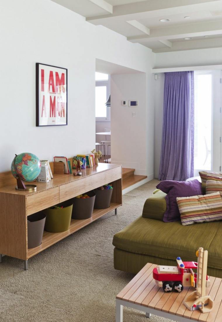 intérieur moderne tableau mur meuble bois canapé coussins table basse