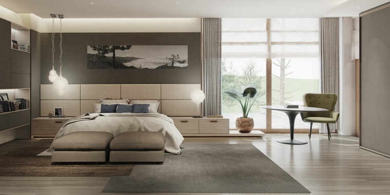 chambres à coucher design moderne intérieur minimaliste tableau mur luminaire suspension design tapis de sol gris