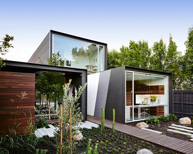 maison contemporaine design volumes jardin plante grasse tendance moderne allée bois jardin