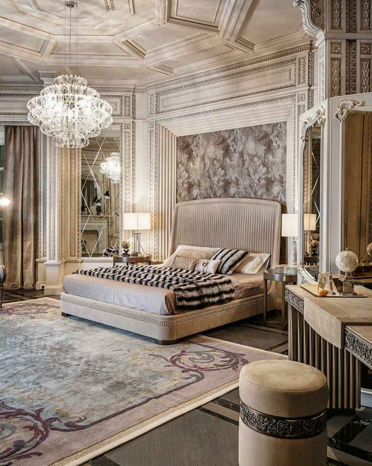 style neoclassique art déco intérieur chambre à coucher luminaire suspension design tête de lit matelassée 