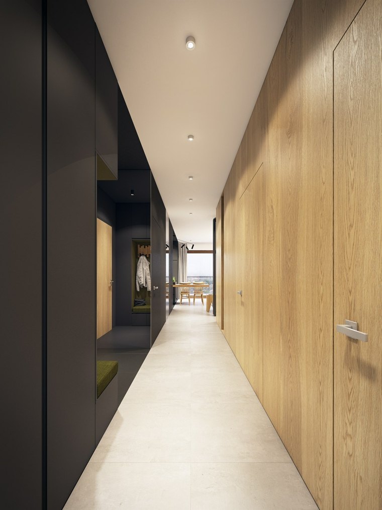 mur bois couloir aménager idée design faux plafond entrée 