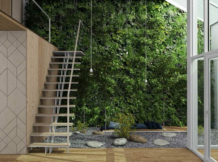 intérieur moderne mur végétale design tendance escalier luminaire suspension pierres