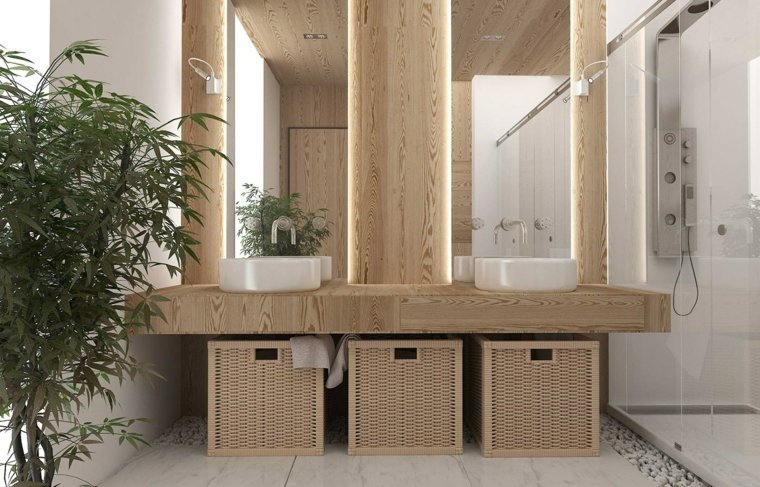 plante verte design bois plante idée évier miroir tendance salle de bains aménagement