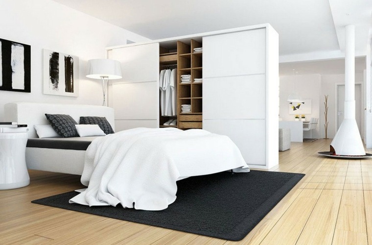 chambre avec dressing design intérieur moderne blanc idée aménager tapis de sol noir armoire garde-robe