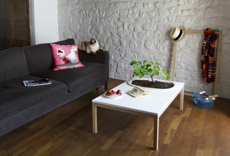 table basse bois planteur design canapé salon coussin mur briques meuble pour plante