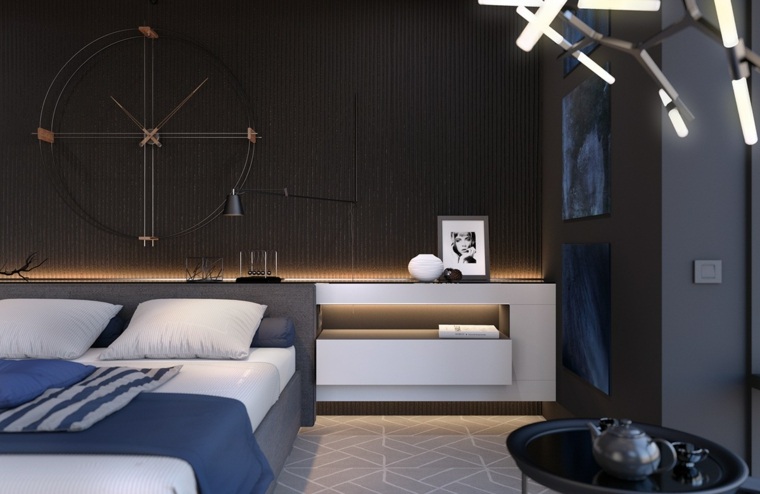 chambre à coucher éclairage tête de lit coussins luminaire idée tapis sol gris table basse 