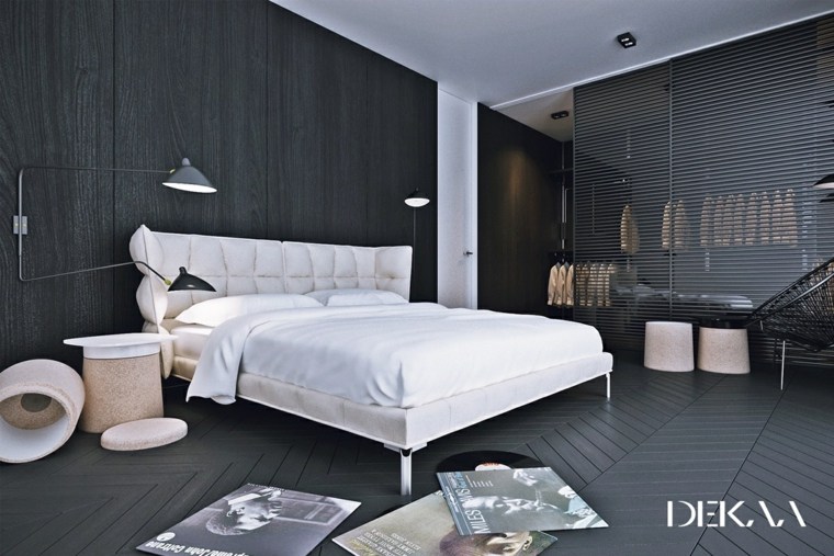 chambre à coucher avec dressing design tête de lit matelassée moderne parquet bois 