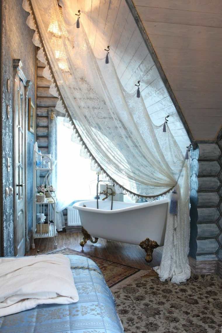 salle de bains décoration bohème chic romantique idée rideau baignoire 