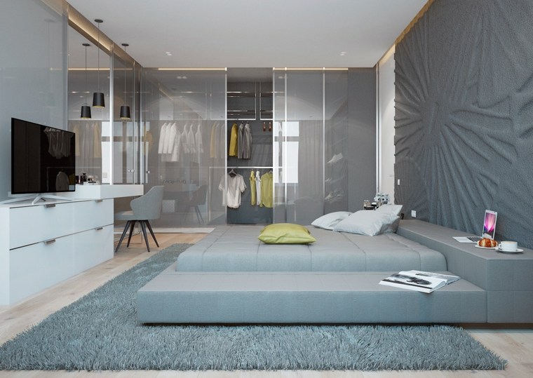 chambre à coucher dressing design tête de lit moderne tapis de sol gris 
