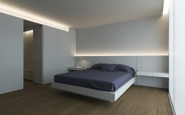 chambre à coucher minimaliste tête de lit lumineuse idée coussins lit parquet bois