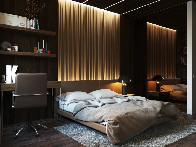 design chambre luminaire éclairage mur texturé idée fauteuil tapis de sol gris