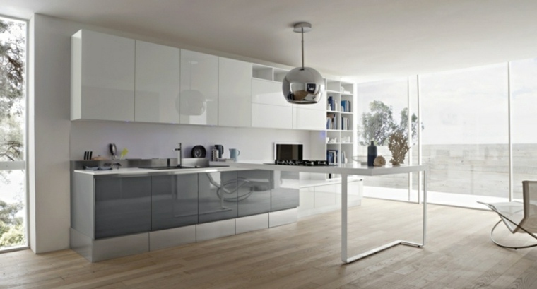 cuisine design minimaliste moderne parquet bois luminaire plan de travail