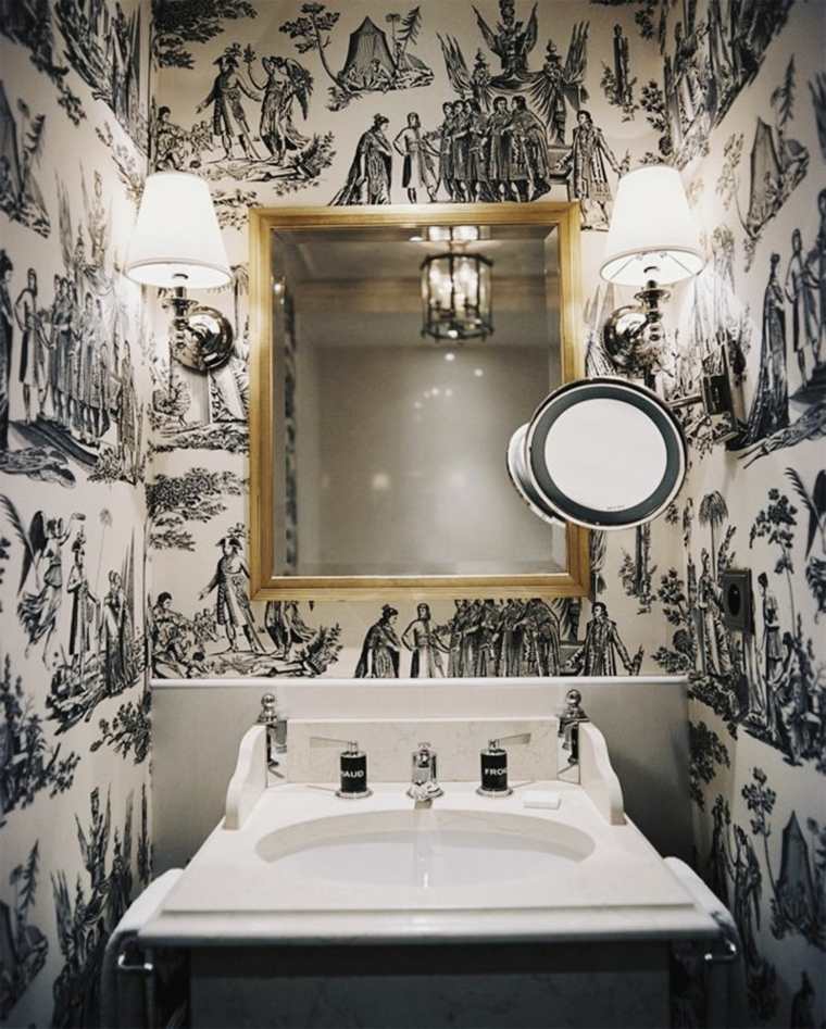 salle de bains papier peint noir blanc miroir rond idée cadre miroir évier